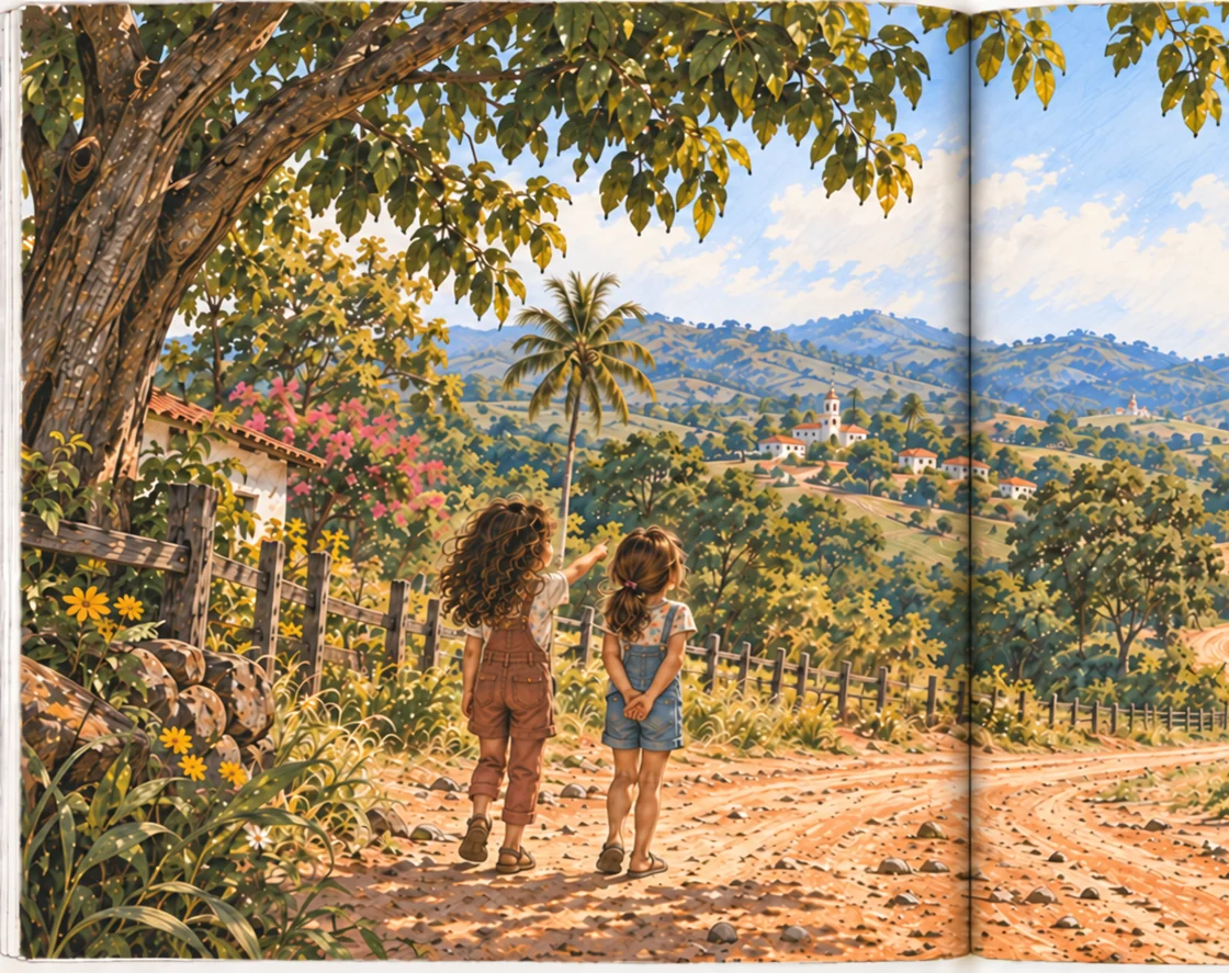 Lia e Joana caminhando juntas por uma estrada que continua até outra curva