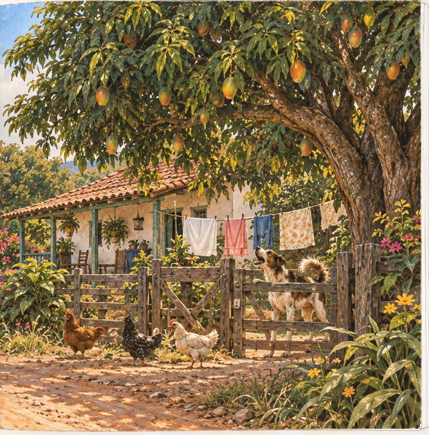 Estrada rural, casa e quintal no outro lado da curva