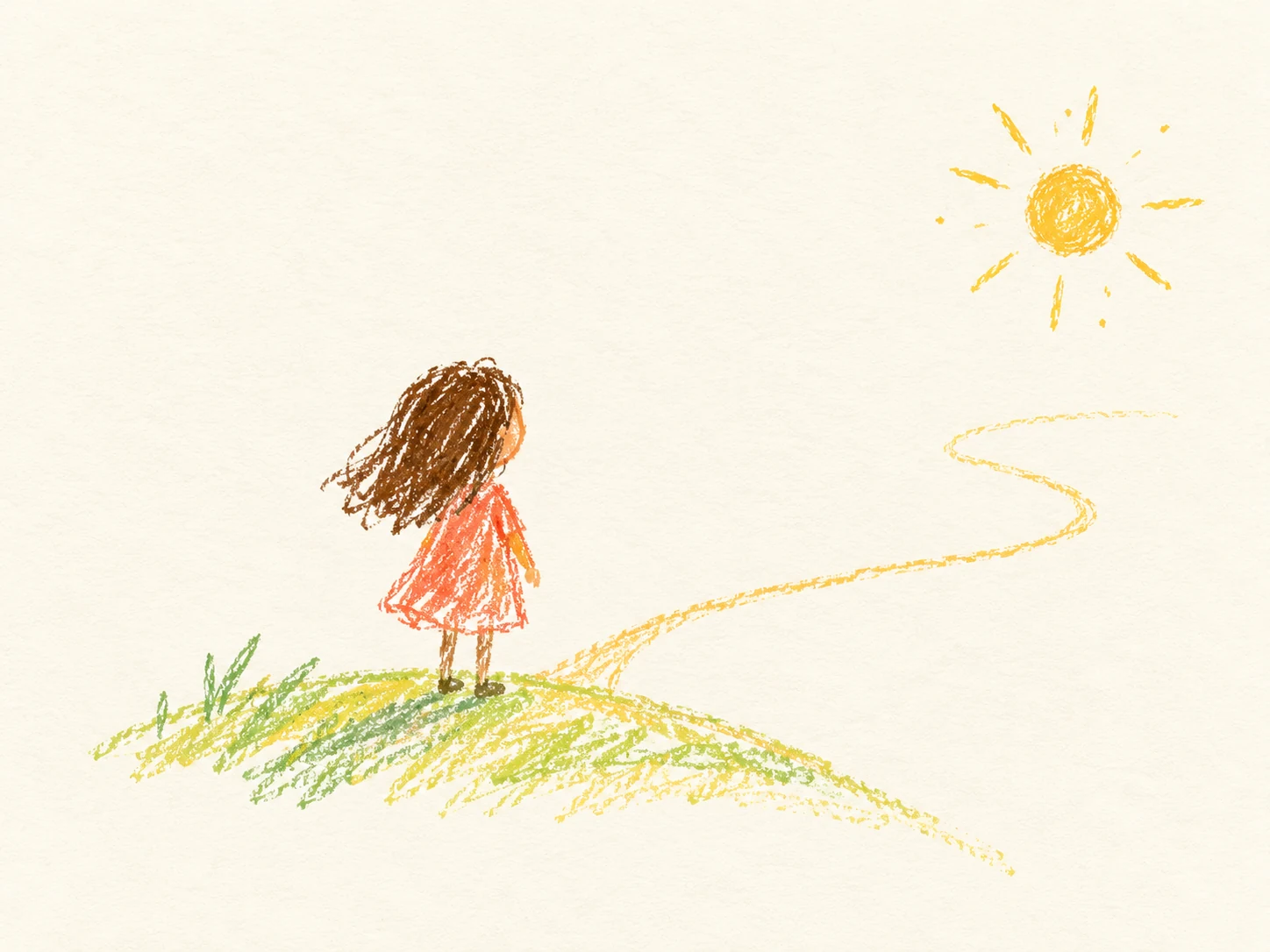 Menina diante de um caminho curvo sob o sol, em desenho infantil