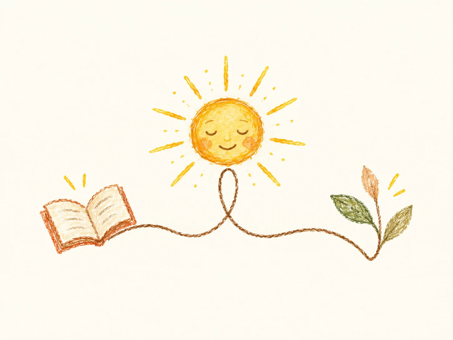 Livro aberto, sol e pequena plantinha desenhados à mão