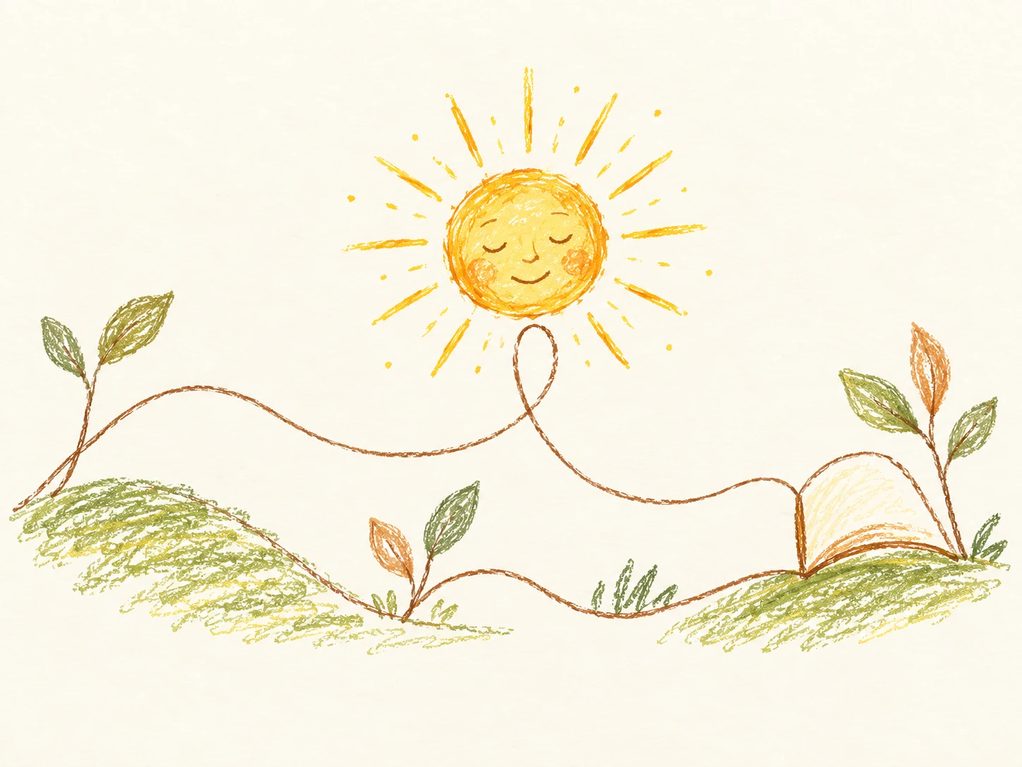 Sol desenhado à mão, um fio, um livro aberto e pequenas folhas