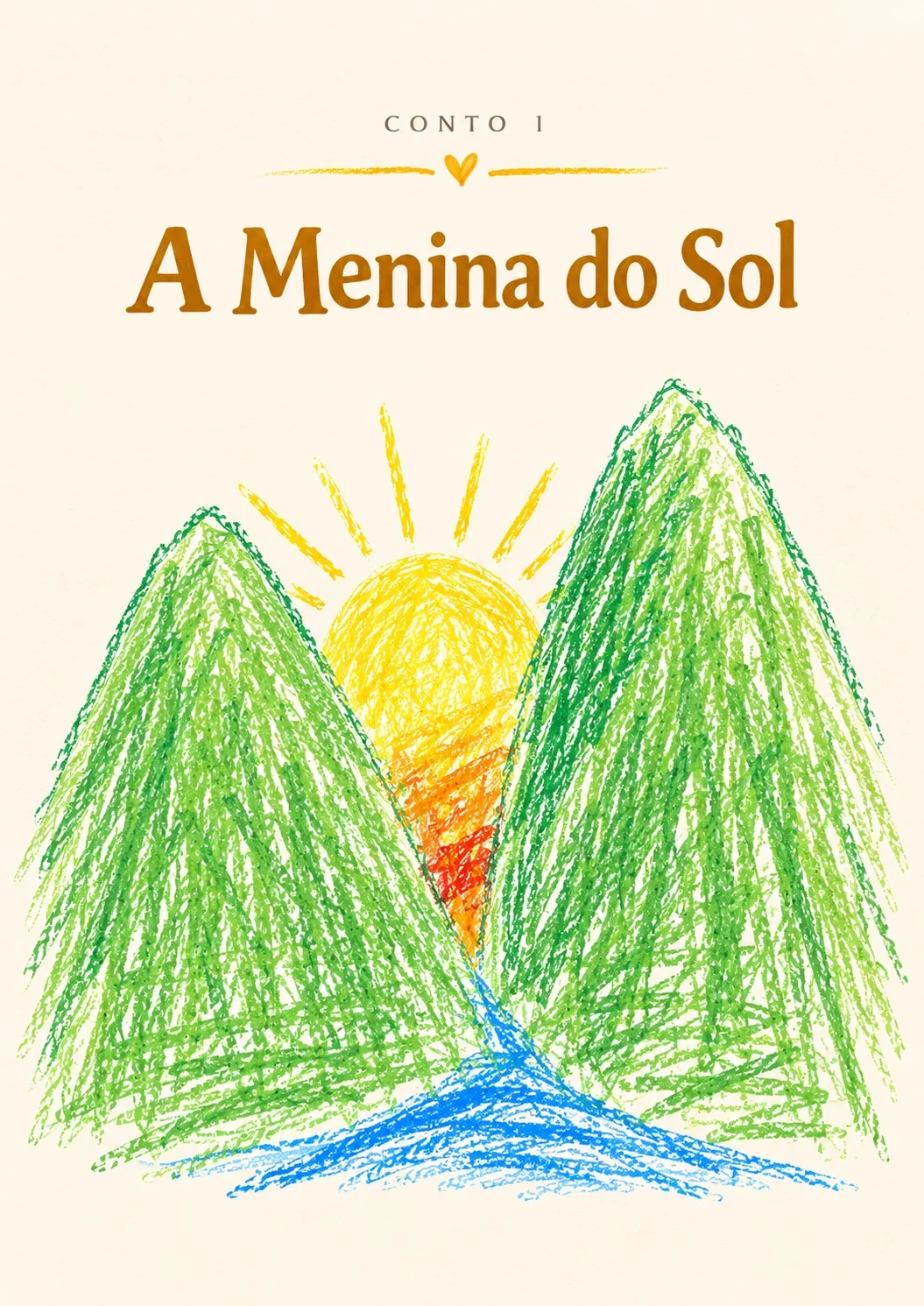Desenho infantil de montanhas, rio e sol para A Menina do Sol