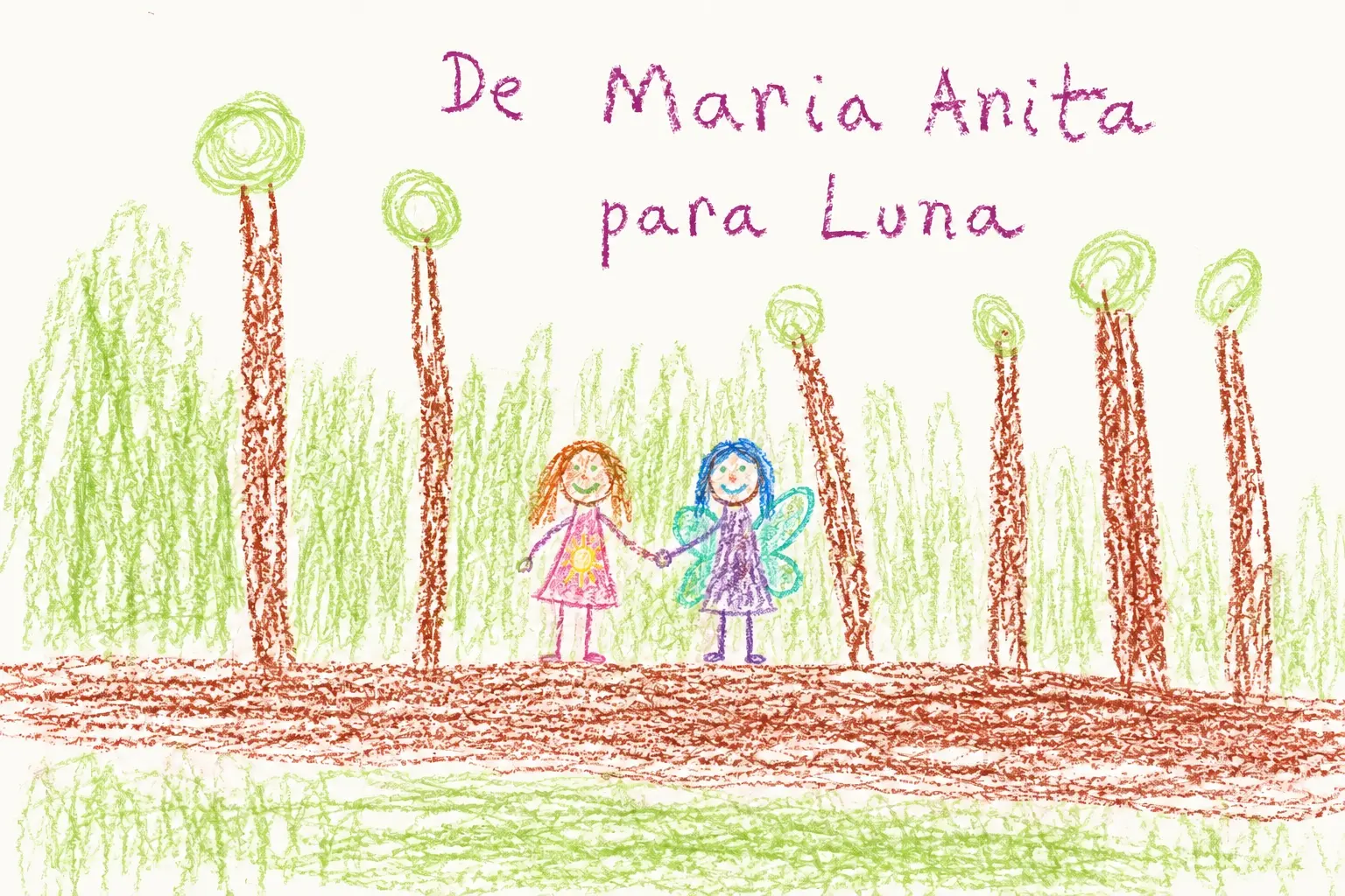 Desenho de Maria Anita para Luna: a Menina do Sol e a Menina-Borboleta de mãos dadas no bosque